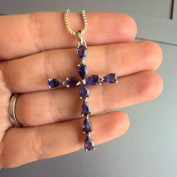 Faux Sapphire Blue CZ 925 Sterling Silver 2" Large Cross Pendant Necklace - Picture 5 of 8